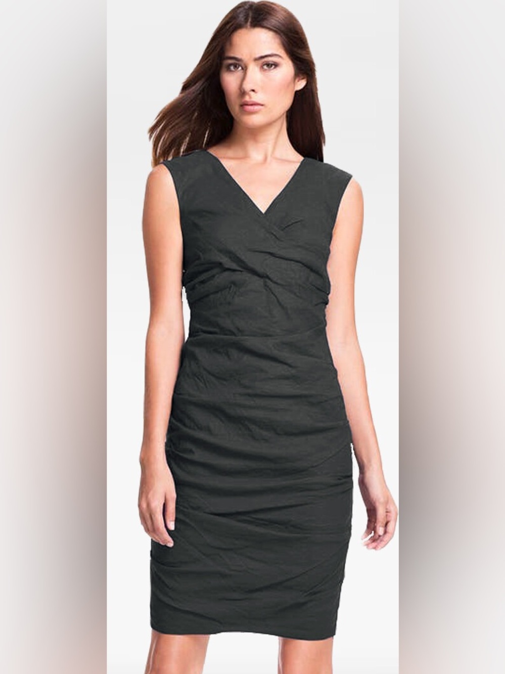 Eileen Fisher Black Sleeveless V-Neck Ruched Sheath Dress